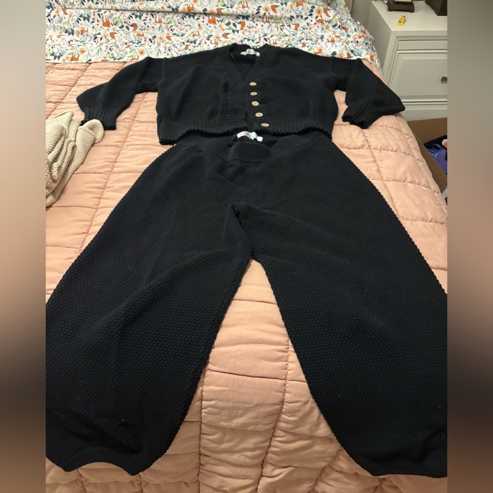 Free People Hailey Black textured Knit Cardigan elastic waist & ankle Pants Set